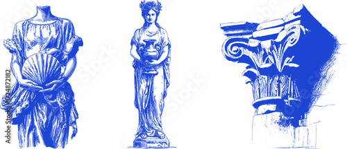 Blue engraving of classical female statue with seashell, ornate vase and architectural column capital.