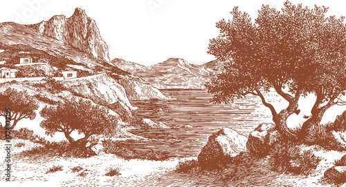 Brown engraving of Mediterranean coastal landscape with olive trees and houses. Hand-drawn rustic illustration.