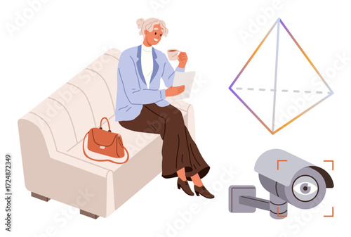 Elderly woman sipping coffee on sofa with a handbag nearby, geometric diagram, and security camera. Ideal for lifestyle, relaxation, geometry, surveillance, privacy security learning. Simple flat
