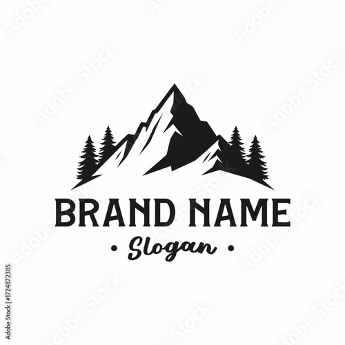 Black and white logo featuring a mountain range with pine trees and a brand name and slogan.