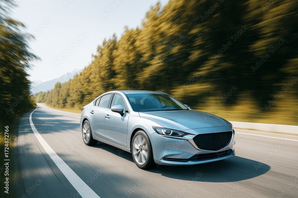 Naklejka premium Silver modern sedan driving fast on a curving highway with blurred forest background and bright daylight emphasizing motion and transport concept.