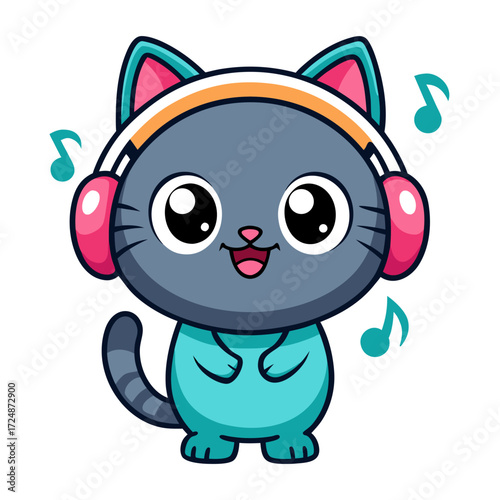 Cute Cat Listening to Music Vector Illustration