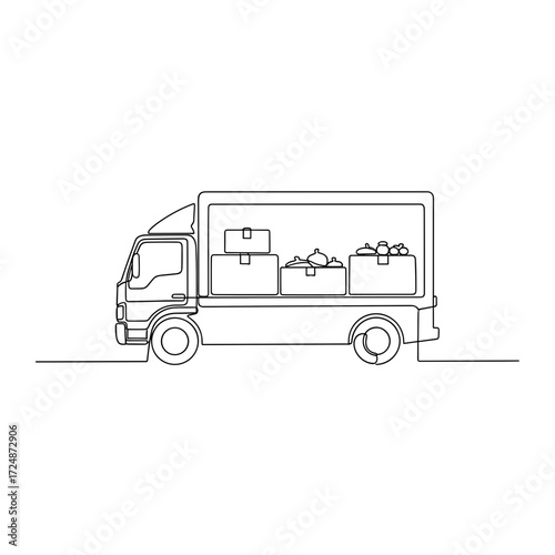 Delivery truck with donation boxes in minimalist line art style