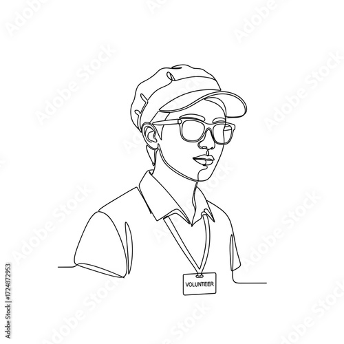 Male volunteer wearing glasses and cap in minimalist line art