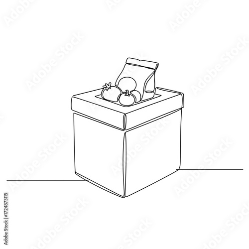 Donation box with food items in minimalist line art style