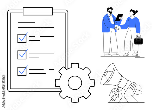 Checklist with marks, gear for process management, handshake symbolizing partnership, and megaphone for marketing. Ideal for collaboration, strategy, productivity, marketing, agreements planning