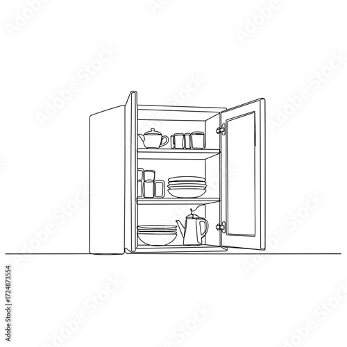 Open kitchen cabinet with dishes in minimalist line art