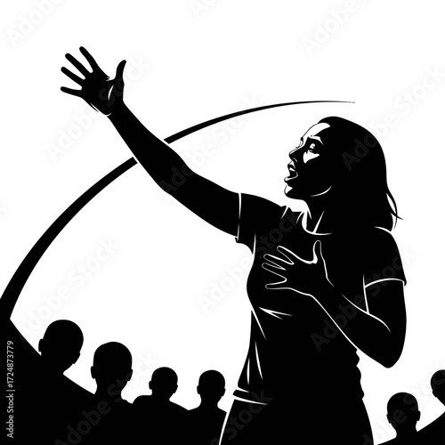 Female Spoken Word Poet Captivating an Audience Black Vector Silhouette of Emotive Delivery