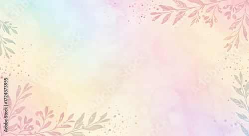 Soft watercolor background with pastel colors and delicate floral elements in the corners.