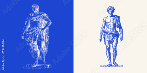 Vector full-body Greek statues in blue style. Vintage line art male figures for decor, culture, mythological projects.