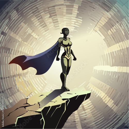 A powerful female superhero stands atop a rocky outcrop, bathed in light, within a futuristic tunnel-like structure.