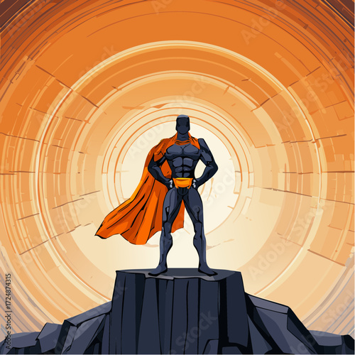 Silhouette superhero stands confidently atop a rock, cape billowing, within a circular, futuristic tunnel.