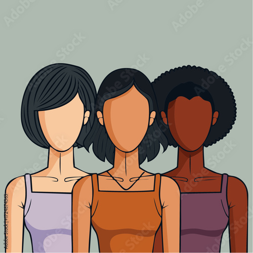 Three diverse women stand together, representing unity and inclusivity, with neutral expressions.