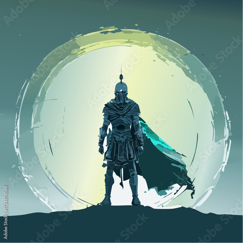 A stylized illustration of a warrior in armor with a cape, standing before a large, glowing orb or moon.
