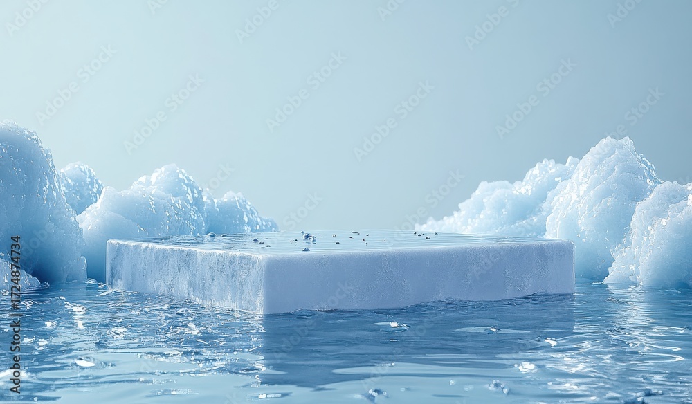 Obraz premium Minimalist stage design with a rectangular podium set on shimmering water surrounded by soft white clouds