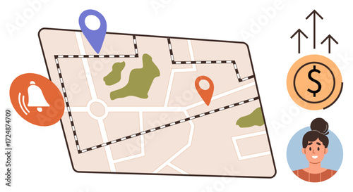 City map with location pins, notification bell, circular avatar, dollar coin, and upward arrows. Ideal for navigation, alerts, user services, business growth savings customer interaction and urban