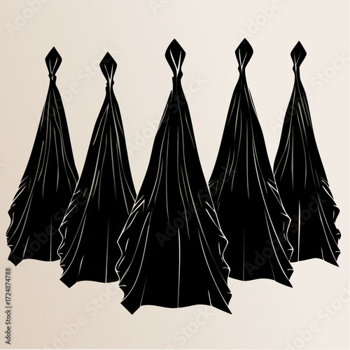 Five figures draped in black fabric stand in a row, their forms obscured, creating a sense of mystery and anonymity.