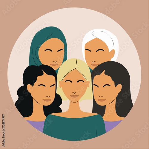 A diverse group of women standing together, representing unity and solidarity, smiling.