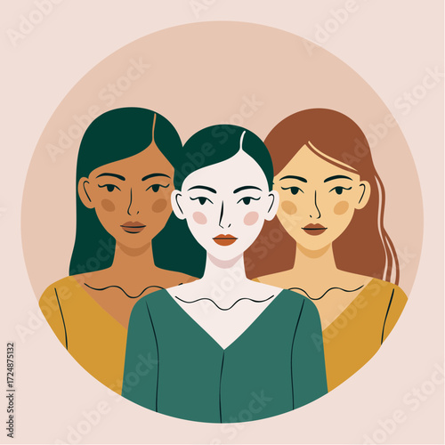 Illustration of three diverse women standing together in a circle, showcasing different skin tones and hair colors.