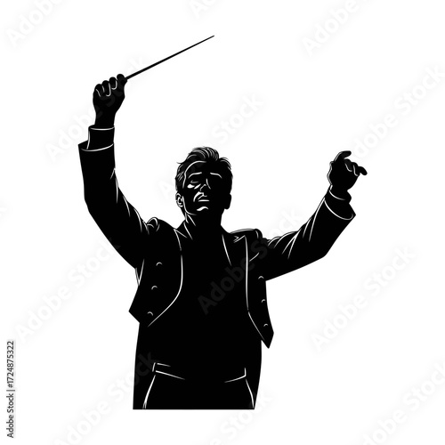 Male Orchestra Conductor Guiding an Ensemble with Intensity Black Vector Silhouette