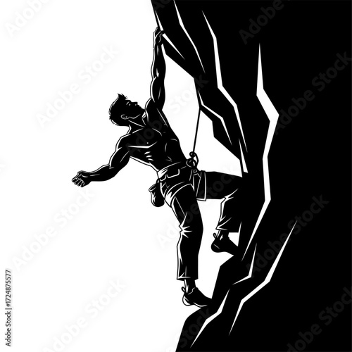 Male Rock Climber Silhouette Ascending Sheer Cliff Demonstrating Physical Strength Adventure Vector