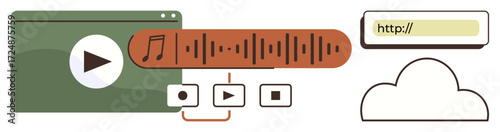 Media player window with audio waveform, playback controls, URL bar, and cloud. Ideal for streaming, audio production, technology, online storage, file sharing multimedia simple flat metaphor