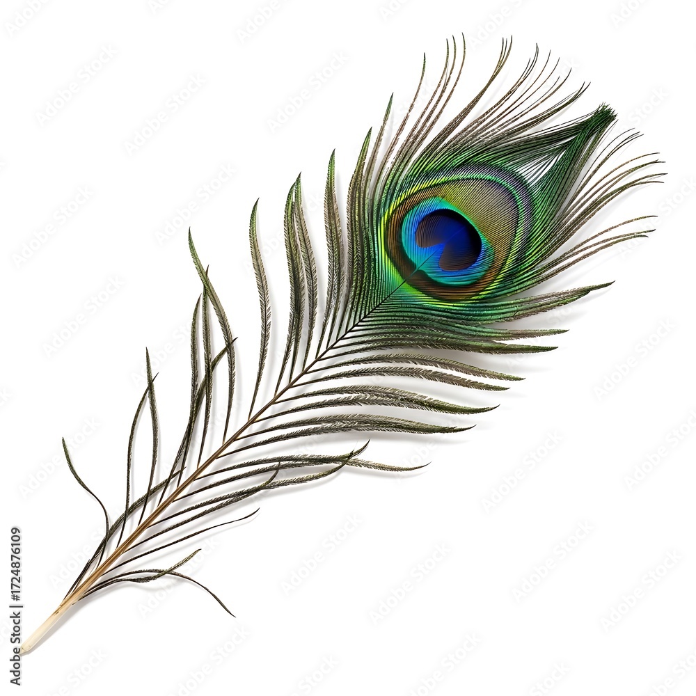Obraz premium A vibrant peacock feather displays its iridescent hues against a stark white background.