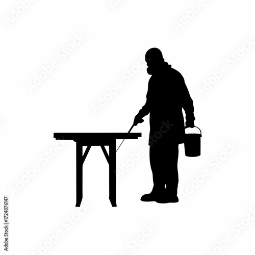 Silhouette of lab worker spraying disinfectant on table isolated on white background