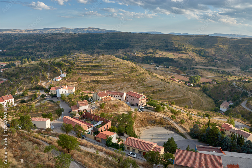 Fototapeta premium Stunning aerial views of the mountainous landscape around the medieval village of Morella, Castellon