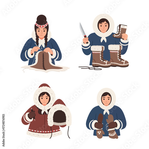 Arctic Indigenous people crafting traditional clothing and footwear.