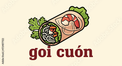 Fresh Vietnamese spring roll, goi cuon, with shrimp and herbs.