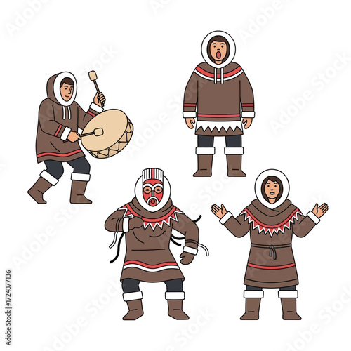 Inuit people in traditional clothing performing a cultural dance and drumming.