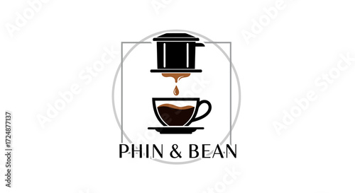 A minimalist black and brown logo for 'Phin & Bean' showing a Vietnamese phin filter dripping coffee into a cup and saucer.