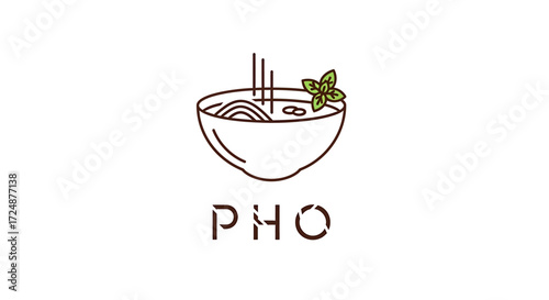 A minimalist line art logo featuring a bowl of pho with chopsticks and a sprig of mint, with the word PHO below.