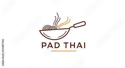 Illustration of a wok with noodles and steam, the words "PAD THAI" below, and a horizontal line.