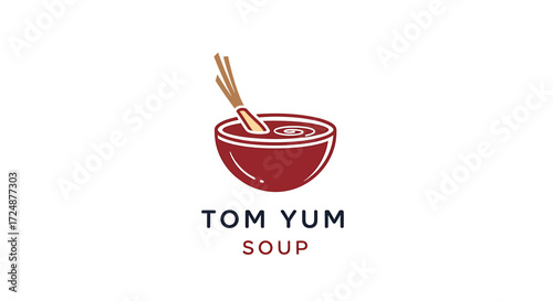 A minimalist logo design featuring a red bowl of Tom Yum soup with ingredients and text below.