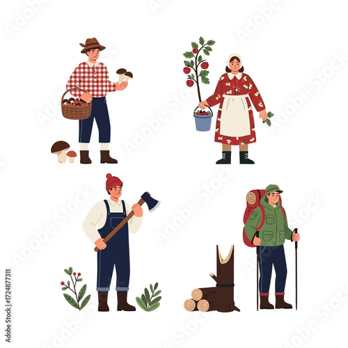 Four individuals engaged in autumnal activities: mushroom foraging, apple picking, wood chopping, and hiking.
