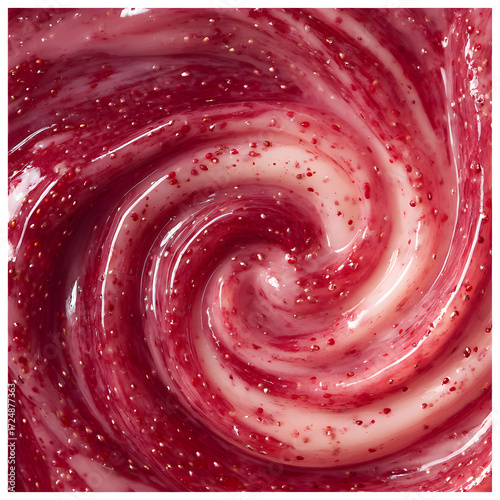 Swirling Crimson: A close-up showcases a mesmerizing swirl of rich, crimson-hued substance, speckled with delicate details, revealing its captivating texture. 