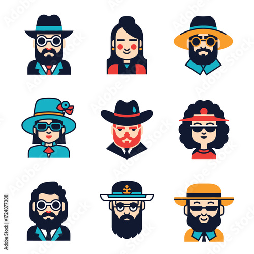 A collection of stylized portraits of diverse individuals wearing hats and sunglasses.