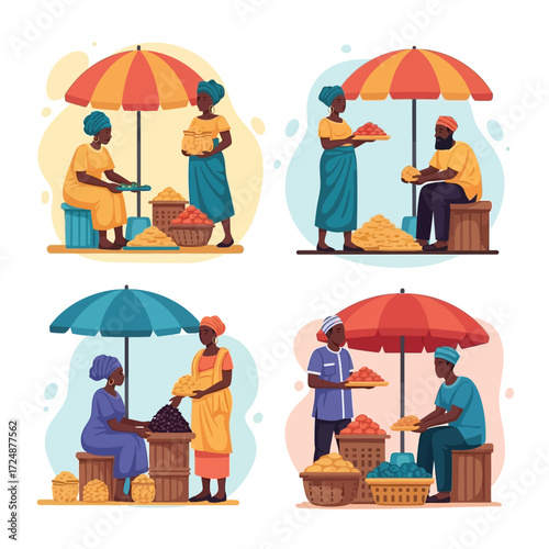 Four colorful illustrations depicting African market scenes with vendors and customers under umbrellas.