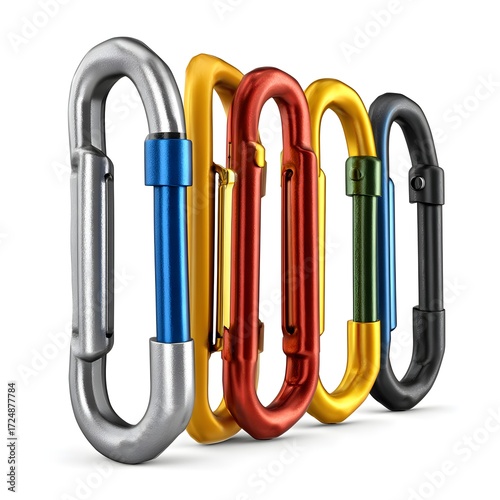 Colorful carabiners in a row, climbing gear, safety equipment, outdoor adventure, vibrant studio shot