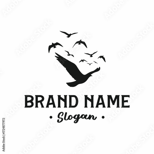 Silhouette of birds in flight, forming a dynamic logo with brand name and slogan.