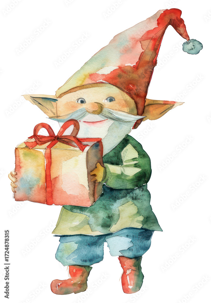Naklejka premium PNG A Christmas knome carry a present illustration watercolor christmas.