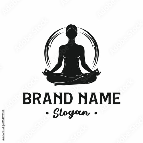 Silhouette of a woman in lotus position with a circle behind her, logo.