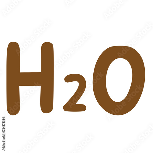 2d illustration of water molecule H₂O in text form, symbolizing chemistry, biology, science, nature, sustainability, ecology, life, and environment.
