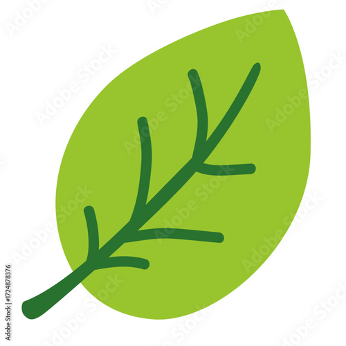 2d illustration of a green leaf, symbolizing nature, environment, ecology, growth, botany, biology, freshness, sustainability, organic, and natural life.

