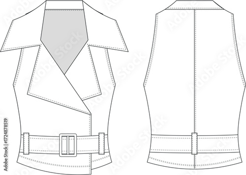 sleeveless collared v neck belted fit blouse top vest waistcoat template technical drawing flat sketch cad mockup fashion woman design style model 

