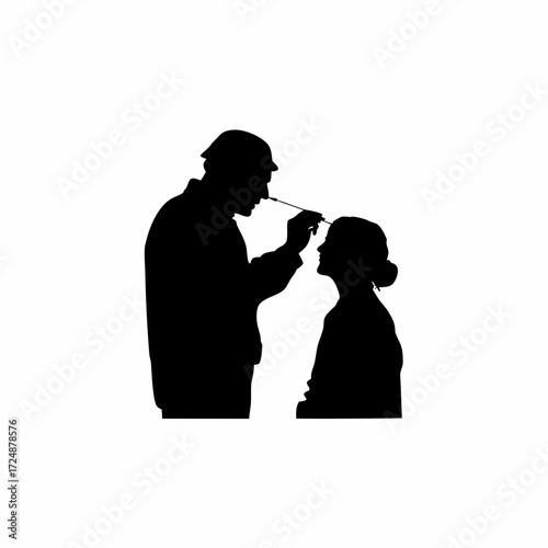 Silhouette of lab worker performing nasal swab test isolated on white background