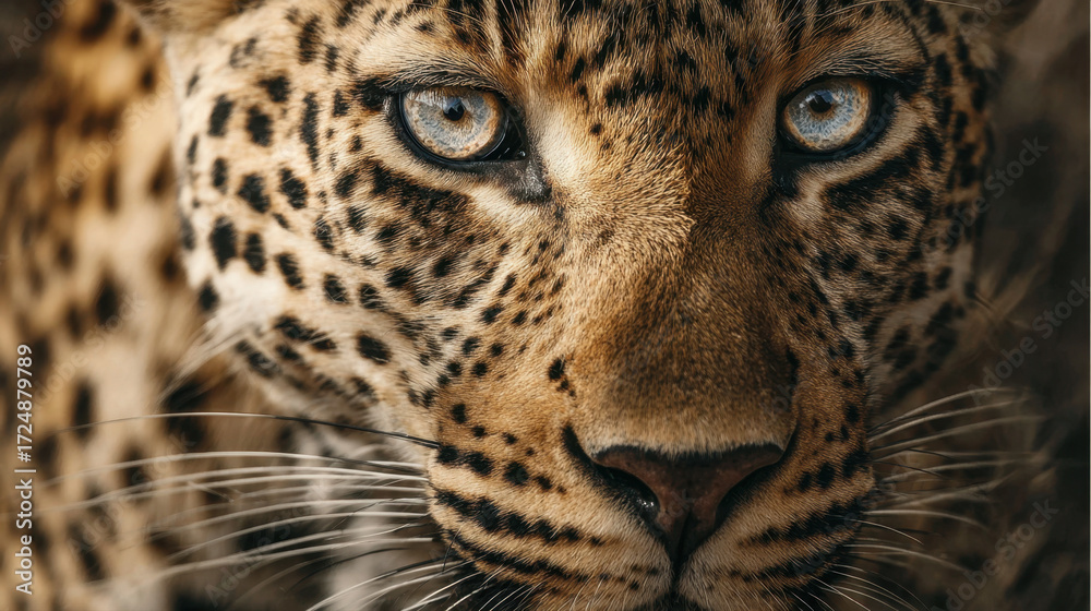 Fototapeta premium Leopard with piercing blue eyes staring intensely at the camera, showcasing detailed facial features and unique spotted fur patterns in natural lighting.