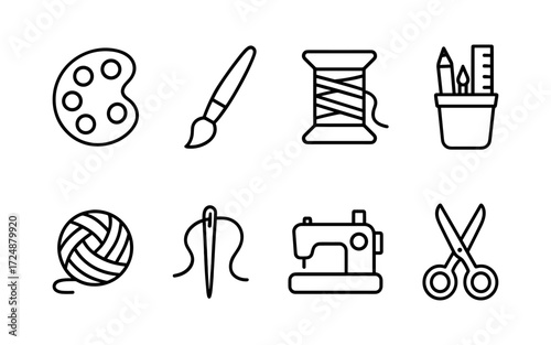 Craft and hobby tools icons set. Sewing, knitting, painting, and DIY equipment. Outline vector illustrations